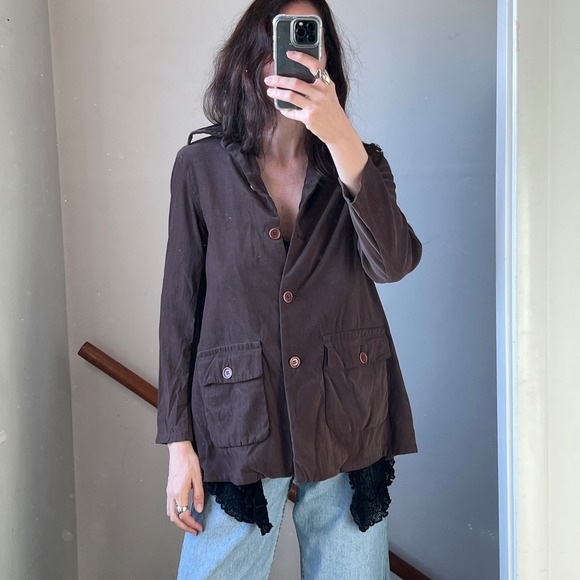 Vintage 90s Max Studio‎ Brown Button Down Jacket Dagger Collar Chic 70s Blazer - Picture 3 of 8